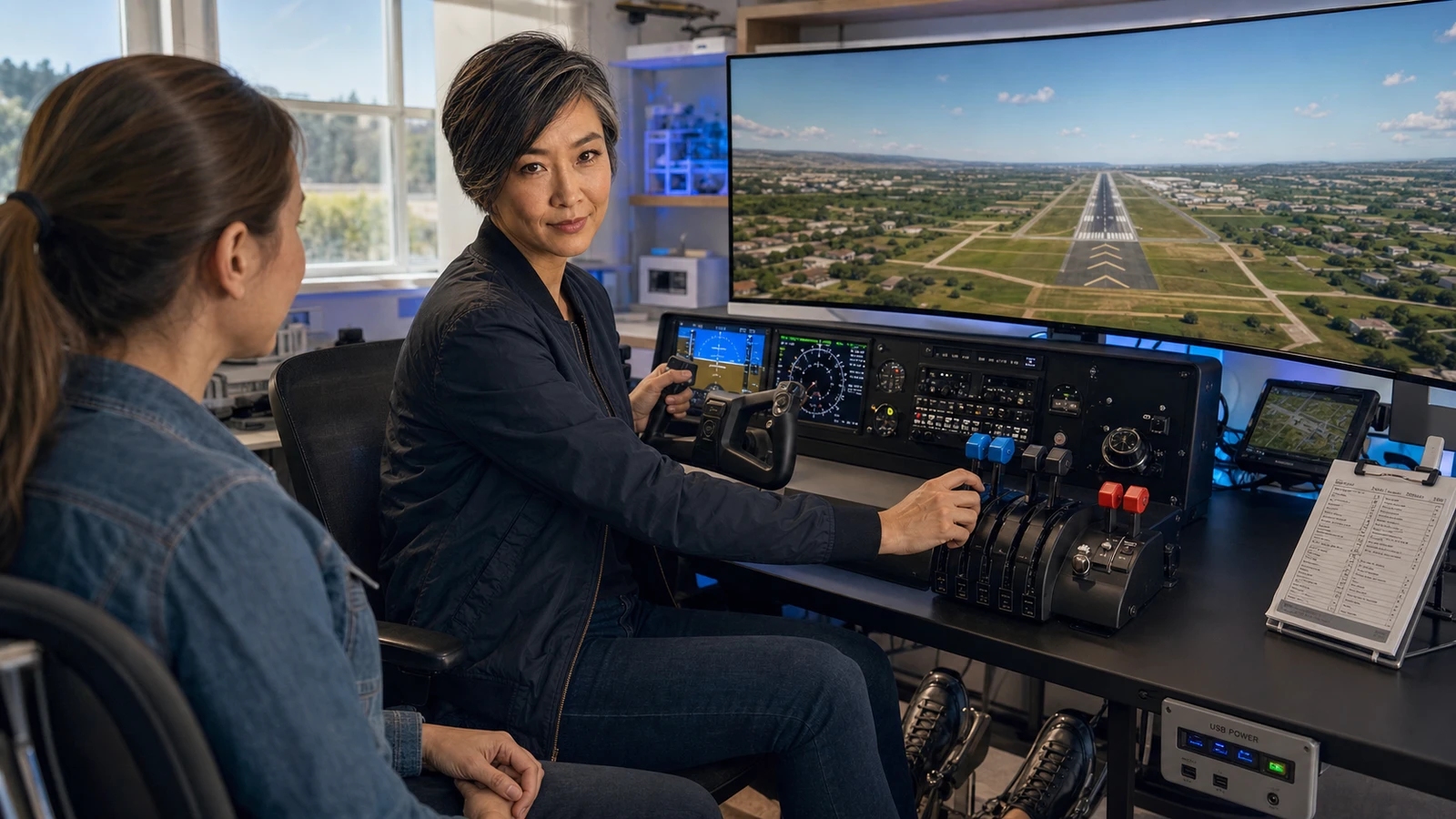 AI-assisted editorial scene of Val Chen instructing a pilot through a general-aviation approach in a bright simulator with yoke, throttle quadrant, pedals, checklist and powered USB