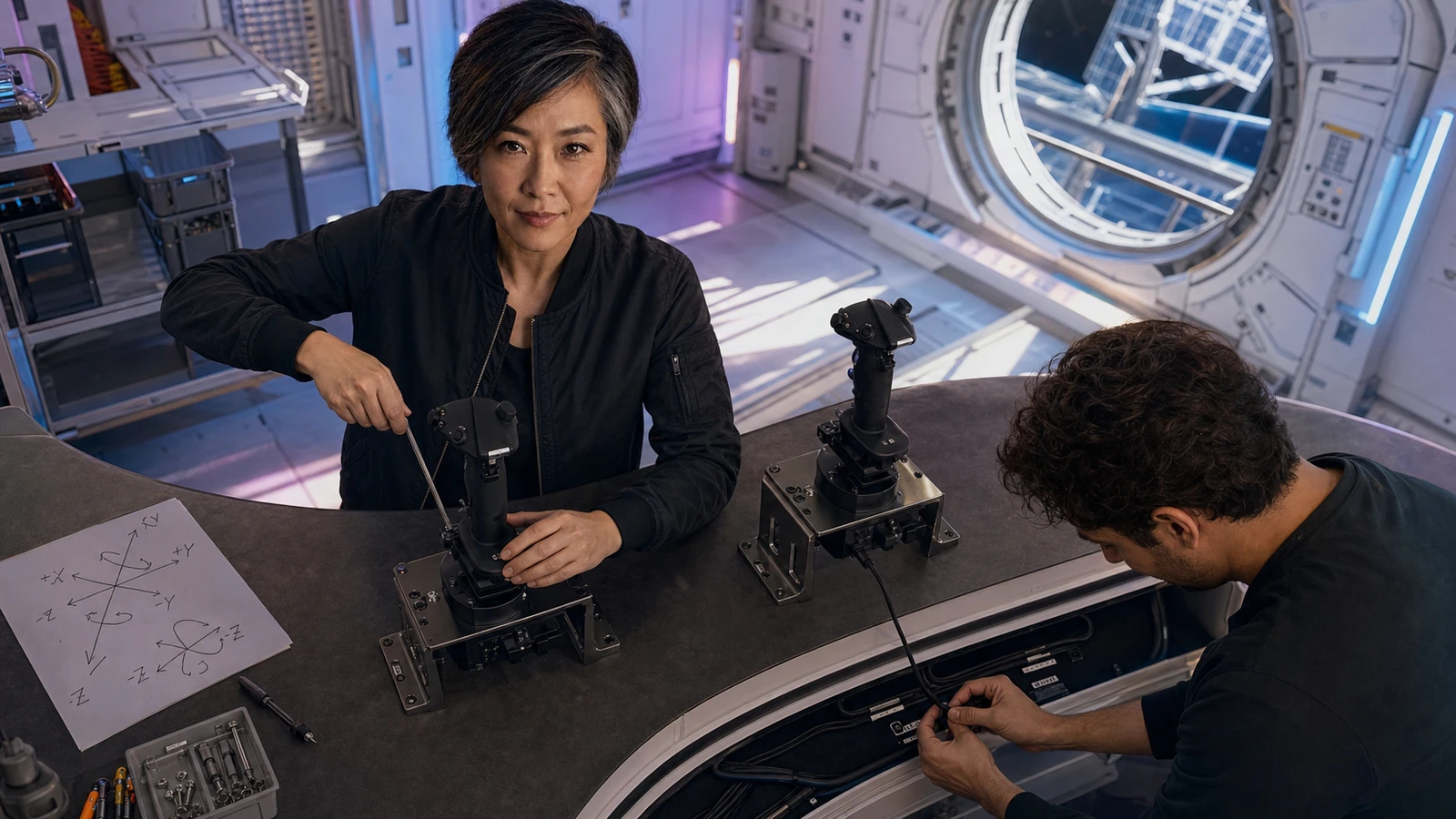 AI-assisted editorial scene of Val Chen installing a dual-stick HOSAS system in a bright orbital simulator workshop