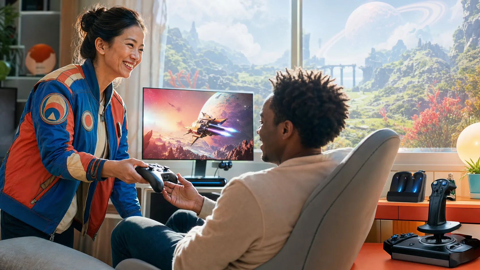 AI-assisted editorial scene of Val Chen smiling while handing a controller to a space sim player on a bright alien-world observation deck