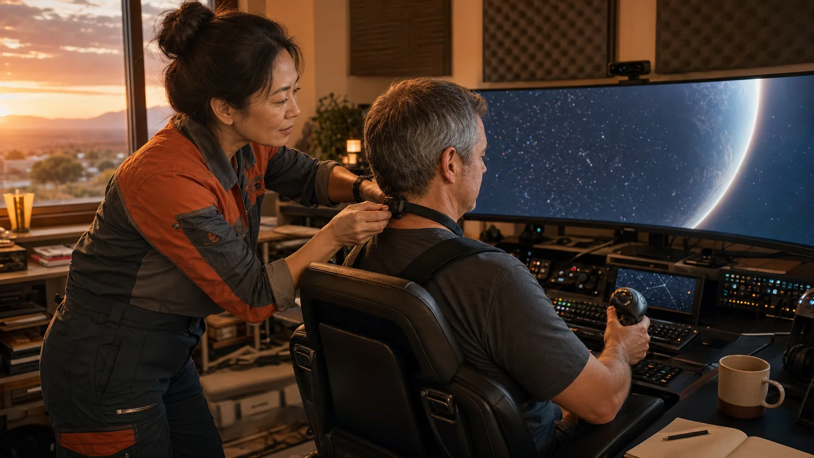 AI-assisted editorial scene of Val Chen fitting a head tracker for an older Elite Dangerous pilot in a warm long-haul cockpit