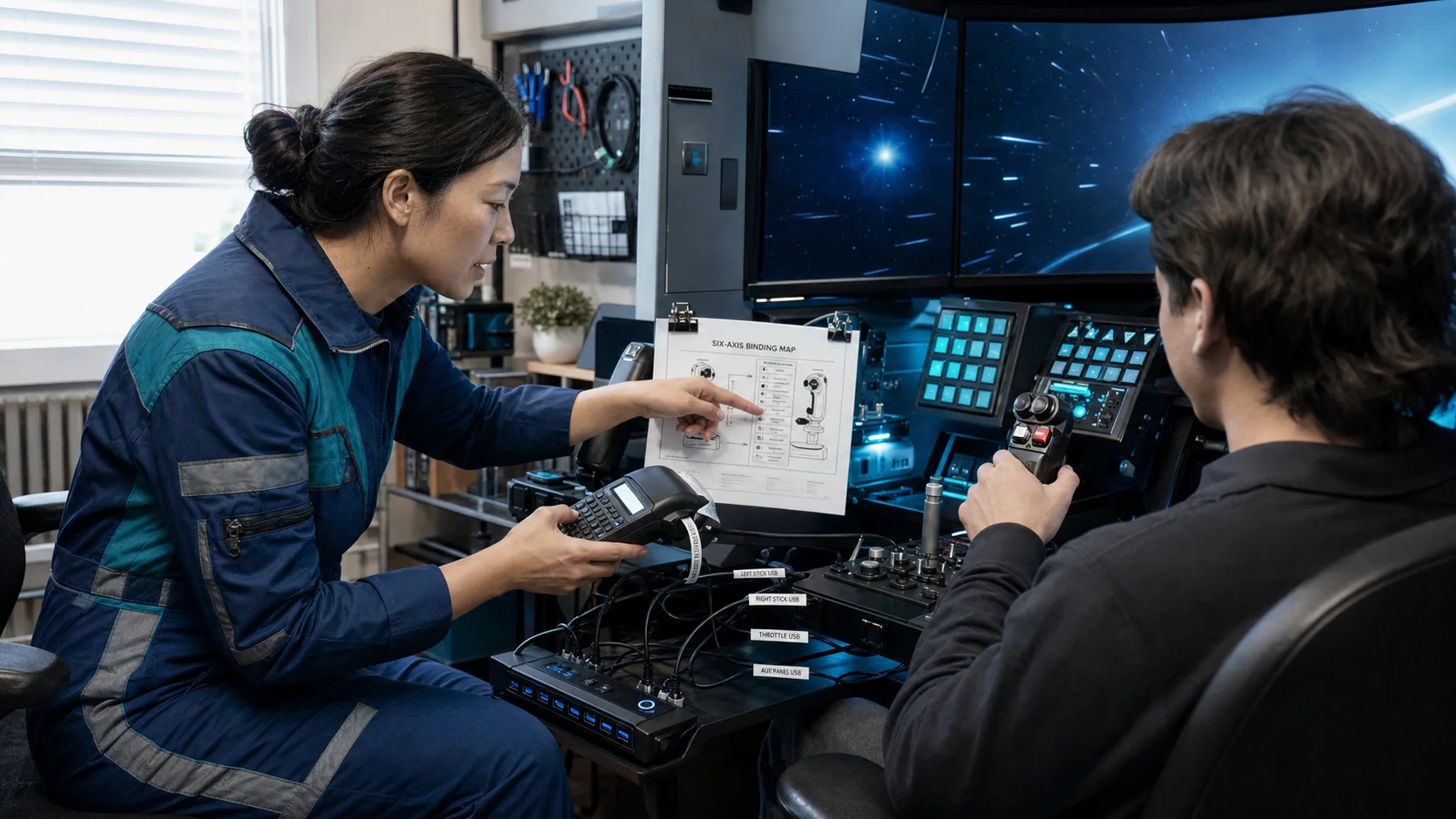 AI-assisted editorial scene of Val Chen and a space sim builder assigning dual-stick bindings at a bright technical workbench
