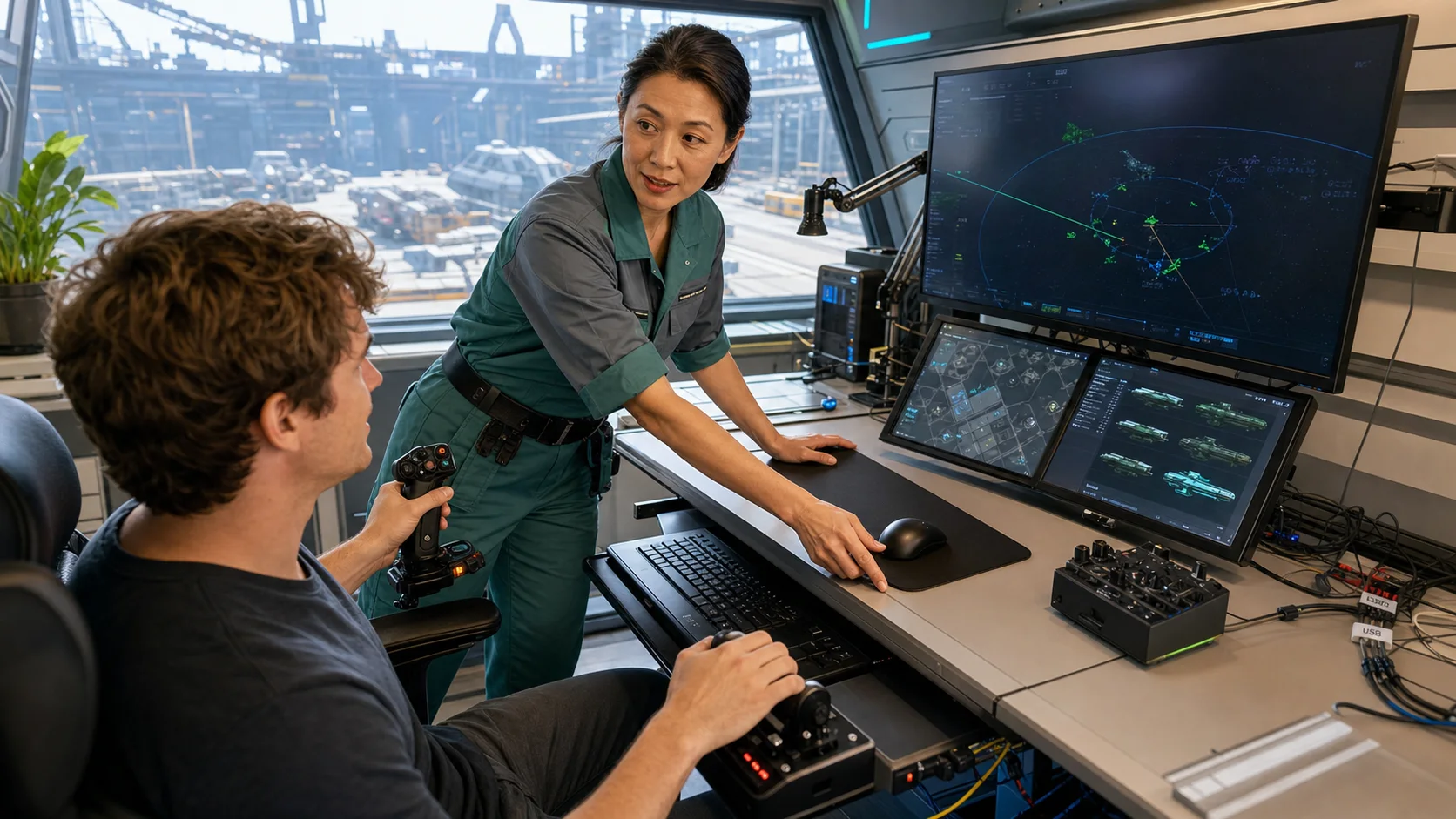 AI-assisted editorial scene of Val Chen arranging a mouse keyboard joystick and throttle in a bright X4-style orbital control room