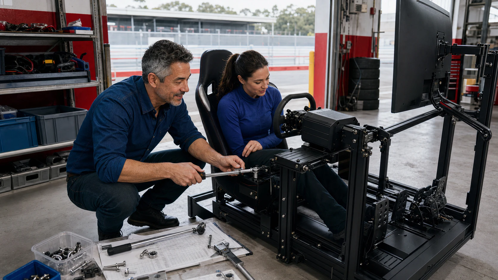 AI editorial scene of Duke Alvarez torqueing a wheel deck while a driver checks racing cockpit reach