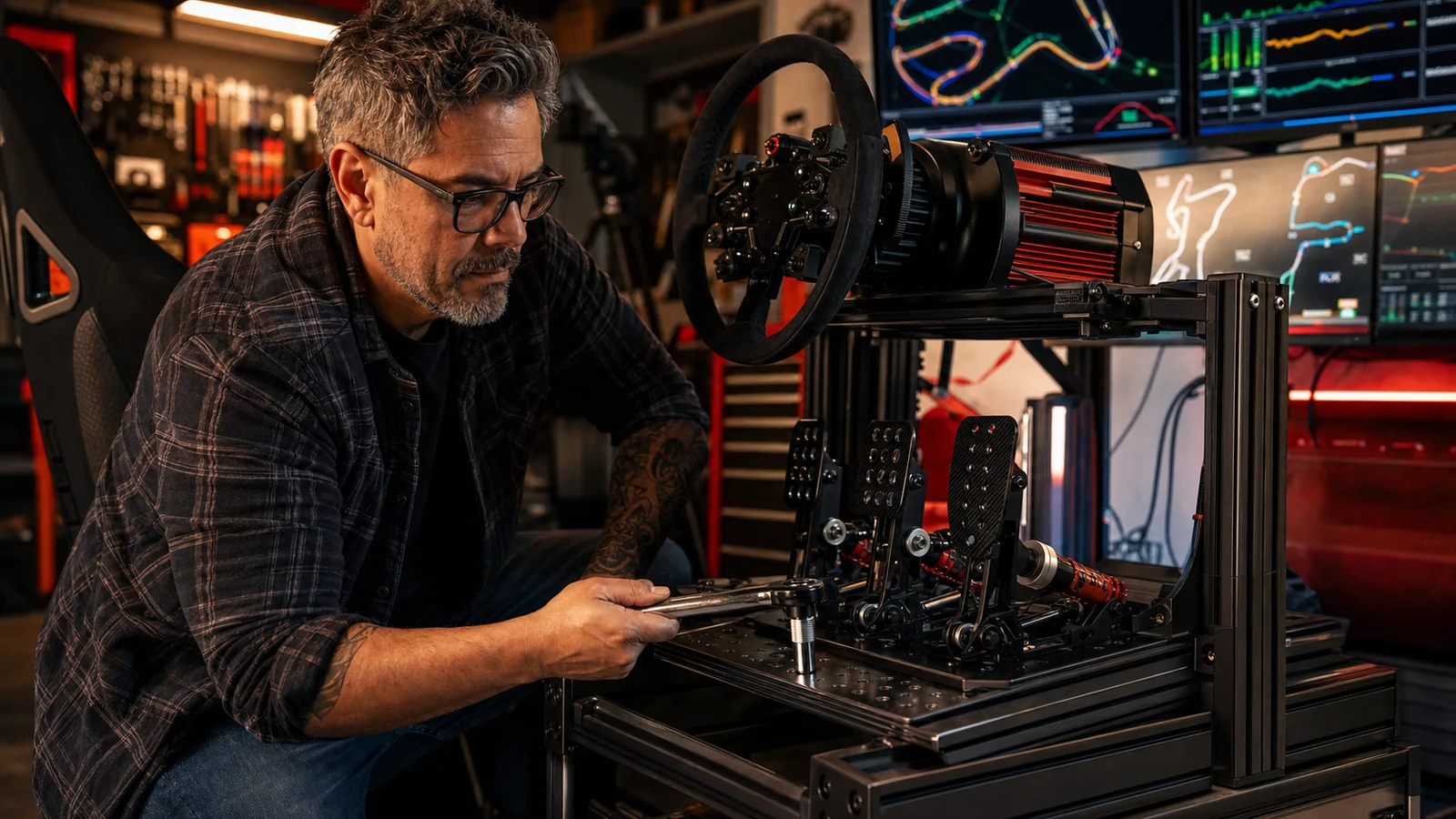 AI editorial scene of Duke Alvarez tuning load-cell pedals in a sim racing cockpit