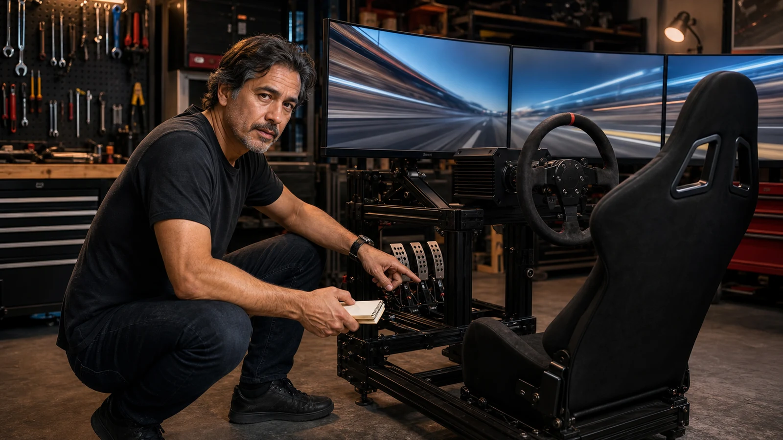 Duke Alvarez checking sim racing pedal mounting stiffness