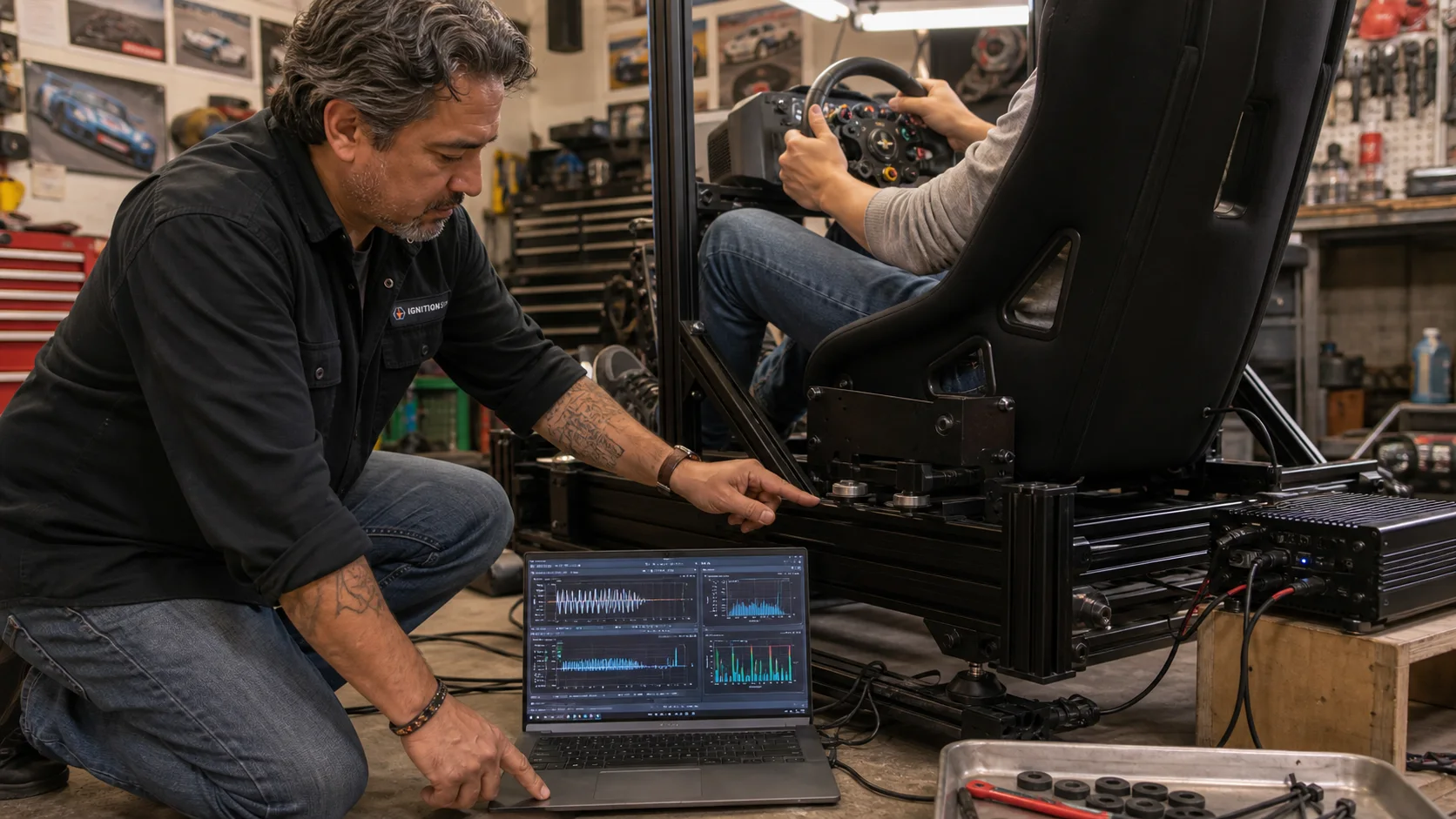 AI editorial scene of Duke Alvarez kneeling beside a racing simulator cockpit while a driver tests tactile feedback and a laptop shows generic telemetry waveforms
