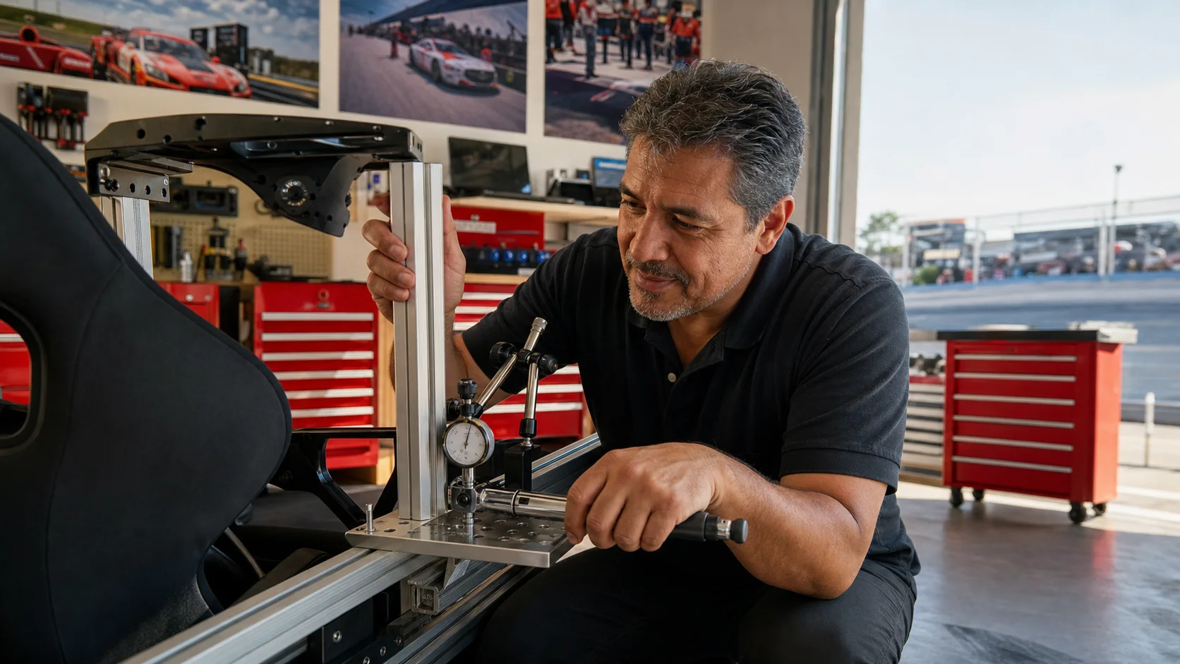 AI editorial scene of Duke Alvarez measuring flex on an aluminum-profile racing cockpit