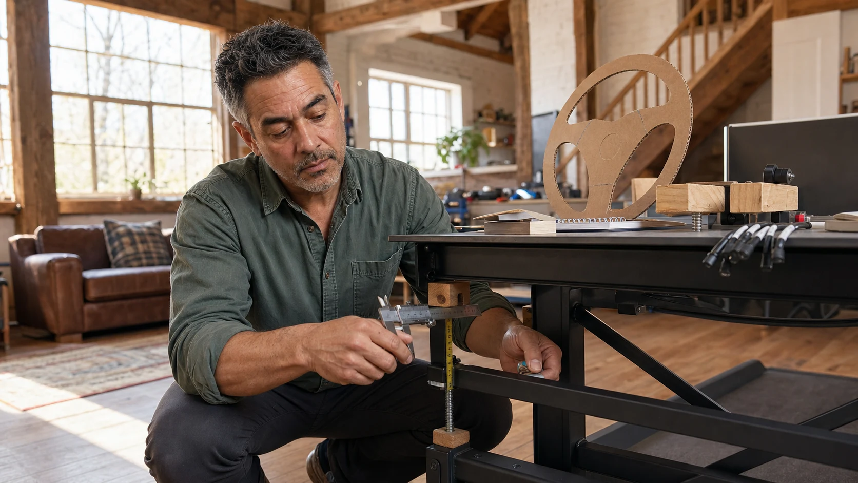 AI editorial scene of Duke Alvarez measuring simulator desk clamp clearance with calipers and a full-size cardboard template