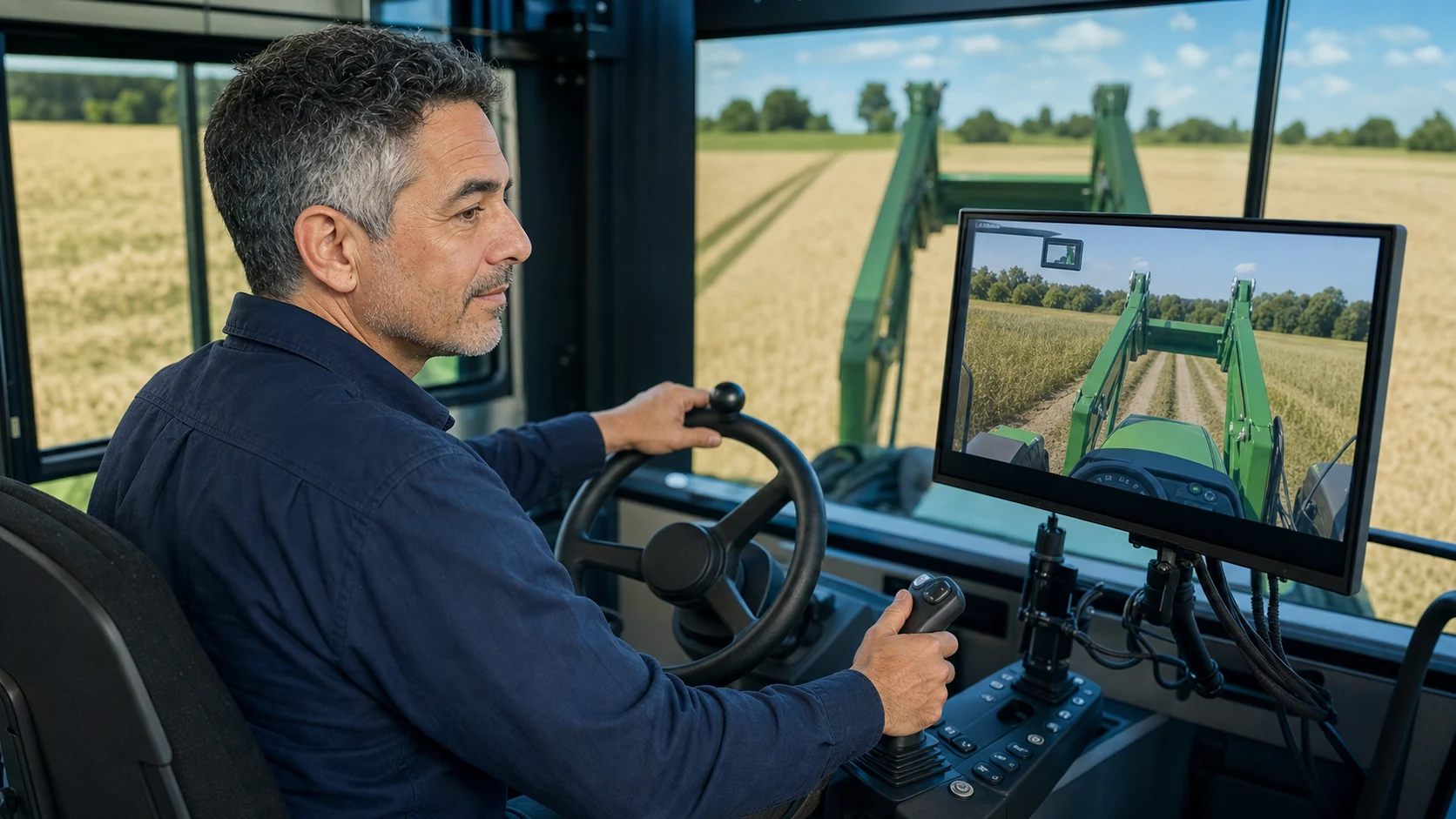 AI-assisted editorial scene of Duke Alvarez operating a generic tractor-cab simulator with one hand on the wheel and one on a loader joystick