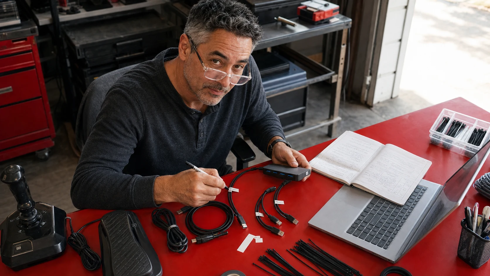 AI-assisted editorial scene of Duke Alvarez labeling USB cables and checking simulator control connections at a red workbench