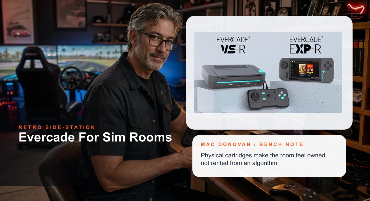 Mac Donovan presenting Evercade hardware as a physical media side station for a sim room