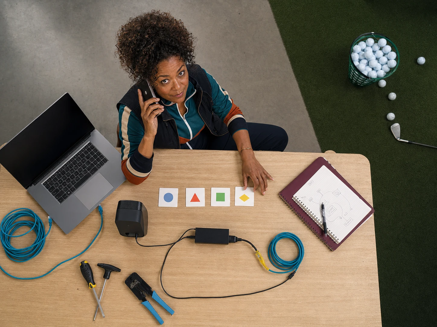 AI-assisted overhead editorial scene of Nina Brooks tracing a golf simulator connector failure across a laptop, network adapter, cables, and handwritten test cards