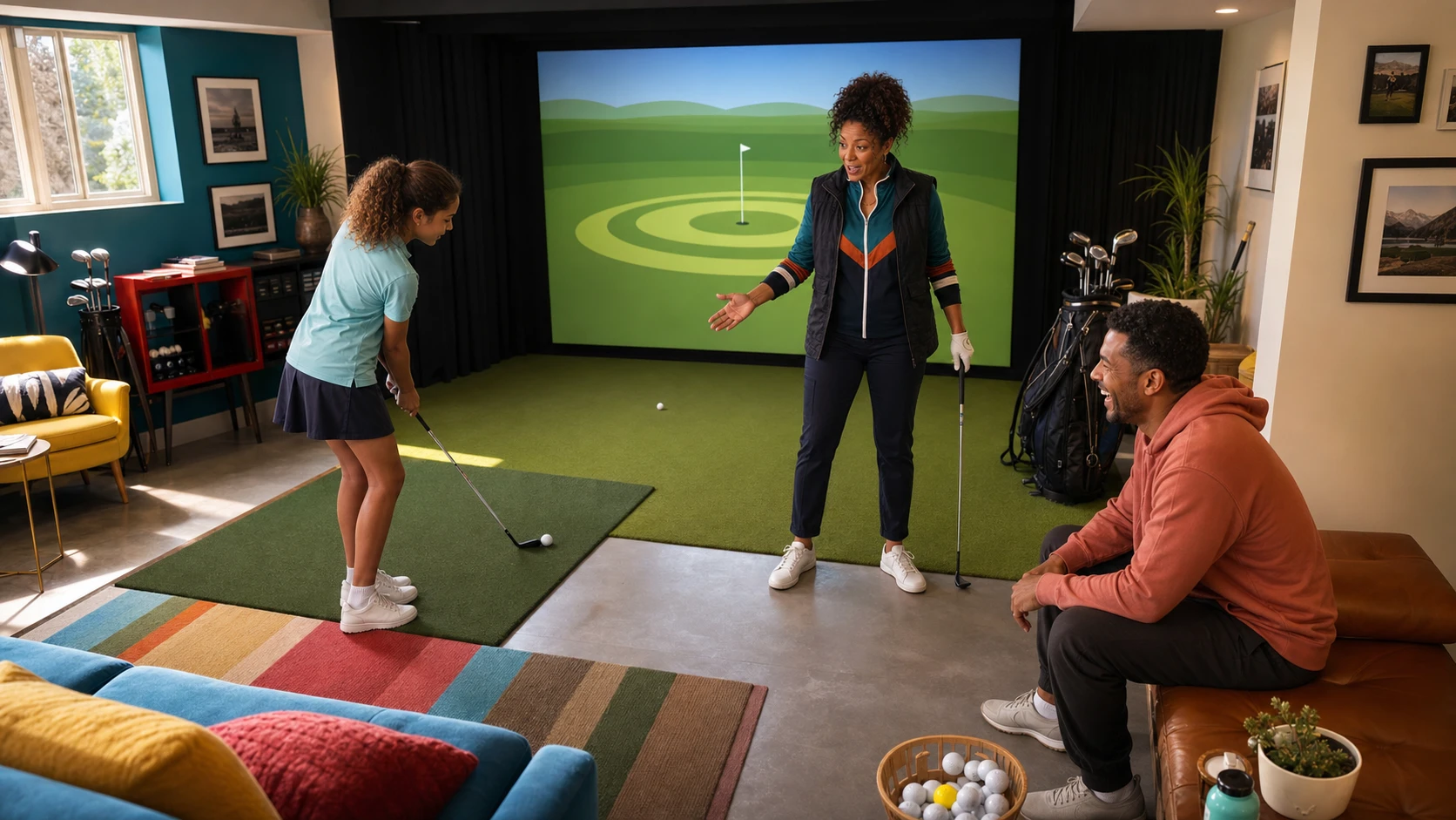 AI-assisted editorial scene of Nina Brooks coaching a teenager during a colorful family golf simulator game while another adult laughs