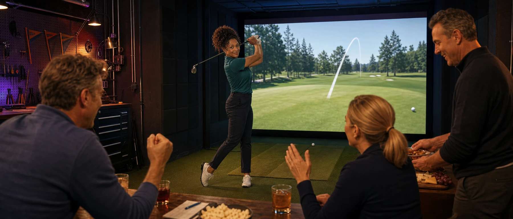 AI editorial scene of Nina Brooks finishing a golf shot while three friends react during a home simulator league night