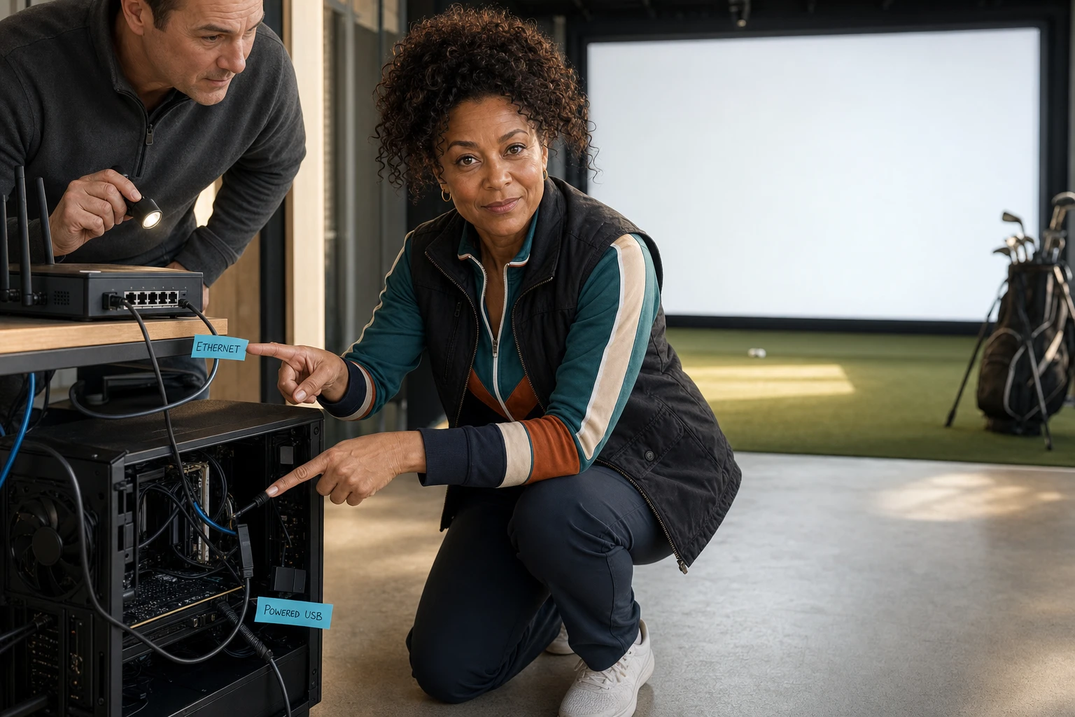 AI editorial scene of Nina Brooks labeling Ethernet USB and power paths beside a golf simulator PC