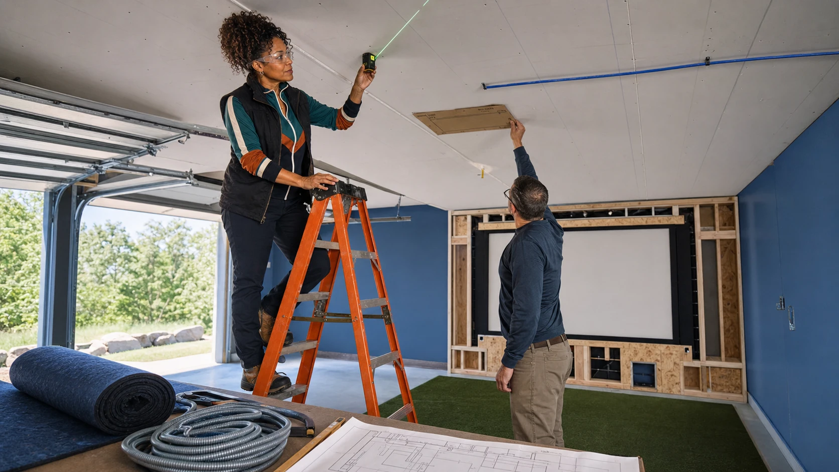 AI-assisted editorial scene of Nina Brooks on a ladder checking projector centerline while a builder holds a projector template