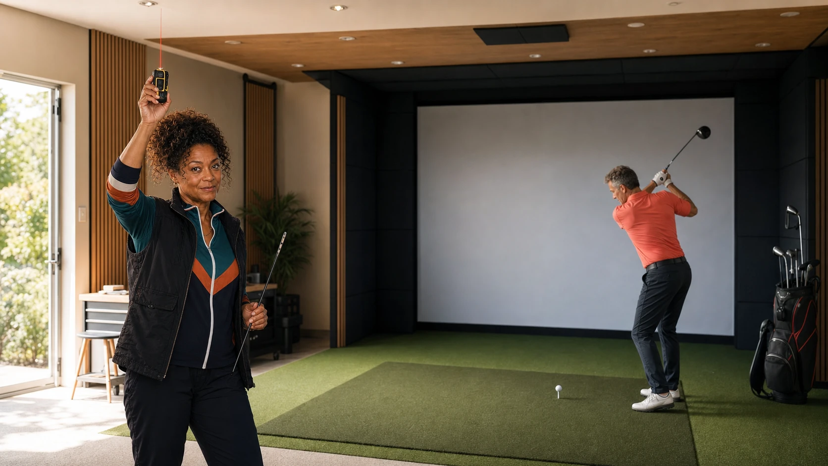Nina Brooks measuring a bright golf simulator room while a player checks full swing clearance