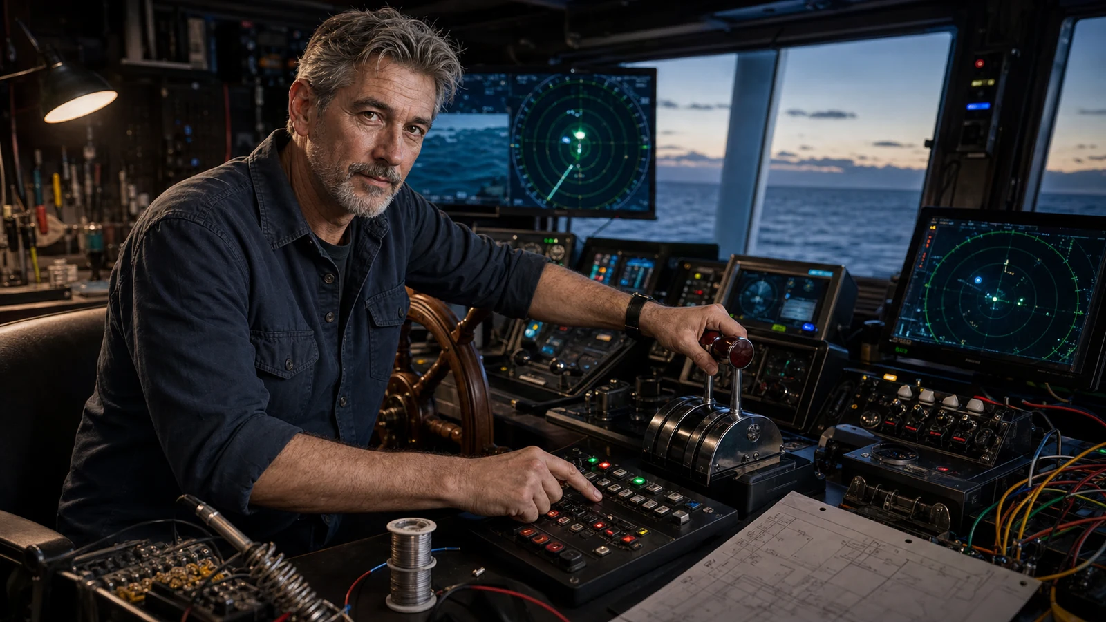 AI-assisted editorial scene of Gus Calder at a working marine simulator bridge, tracing the relationship between helm, engine levers, navigation displays, and labeled controls