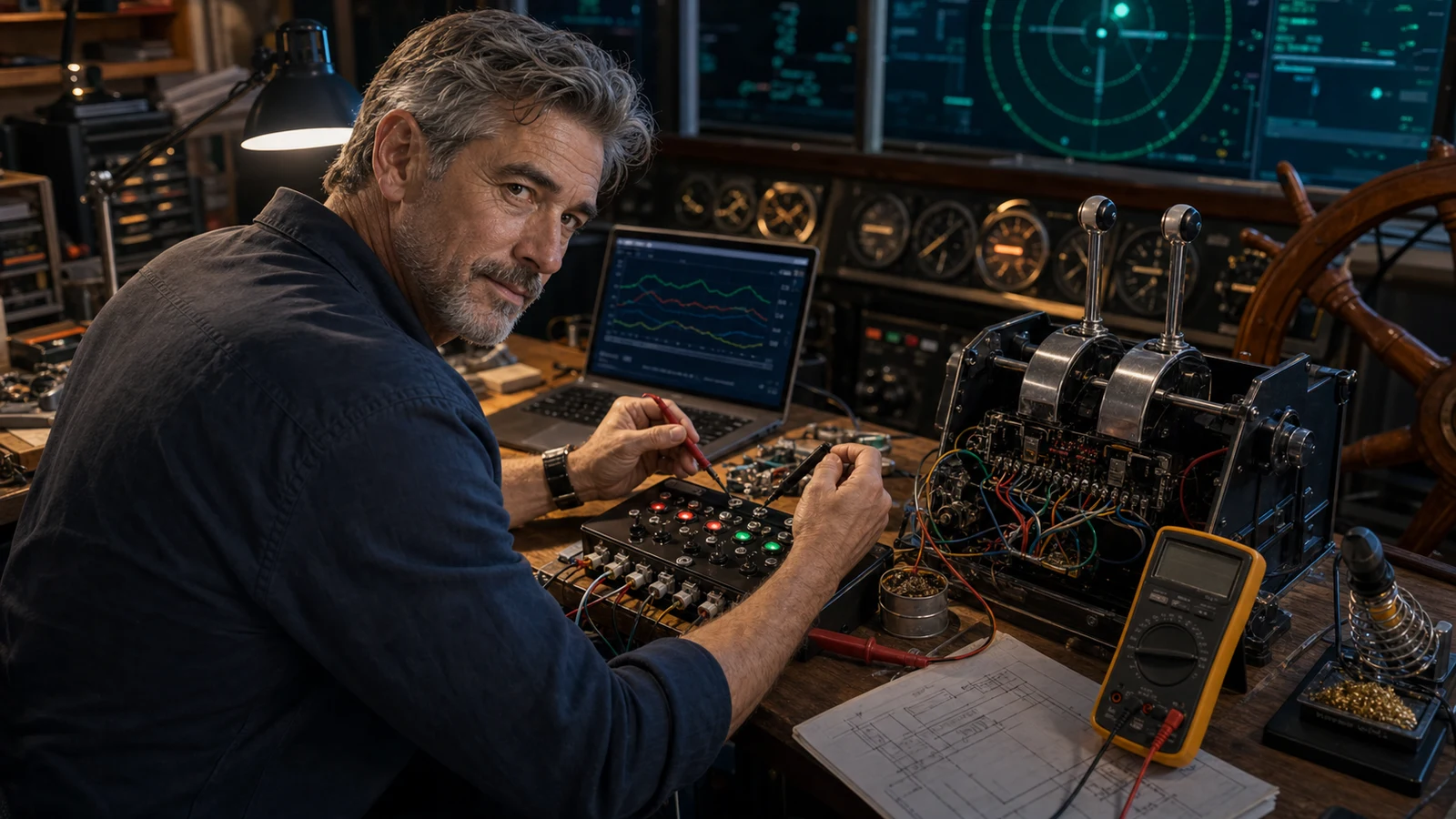 Gus Calder testing a DIY marine simulator switch panel with a multimeter