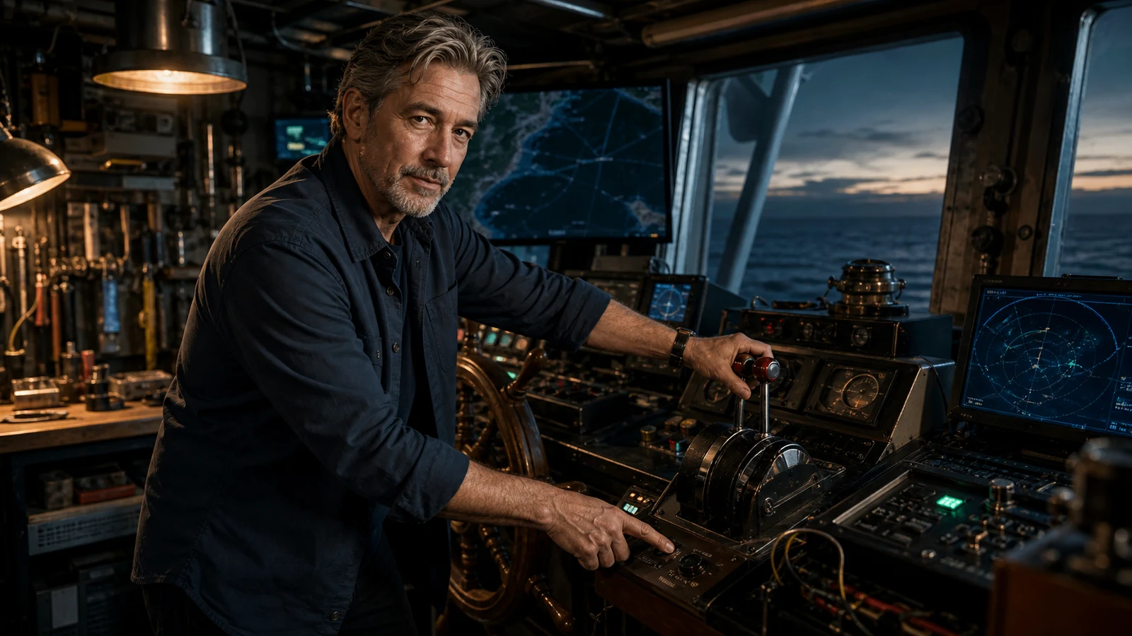 AI editorial scene of Gus Calder at a marine sim throttle and helm bench