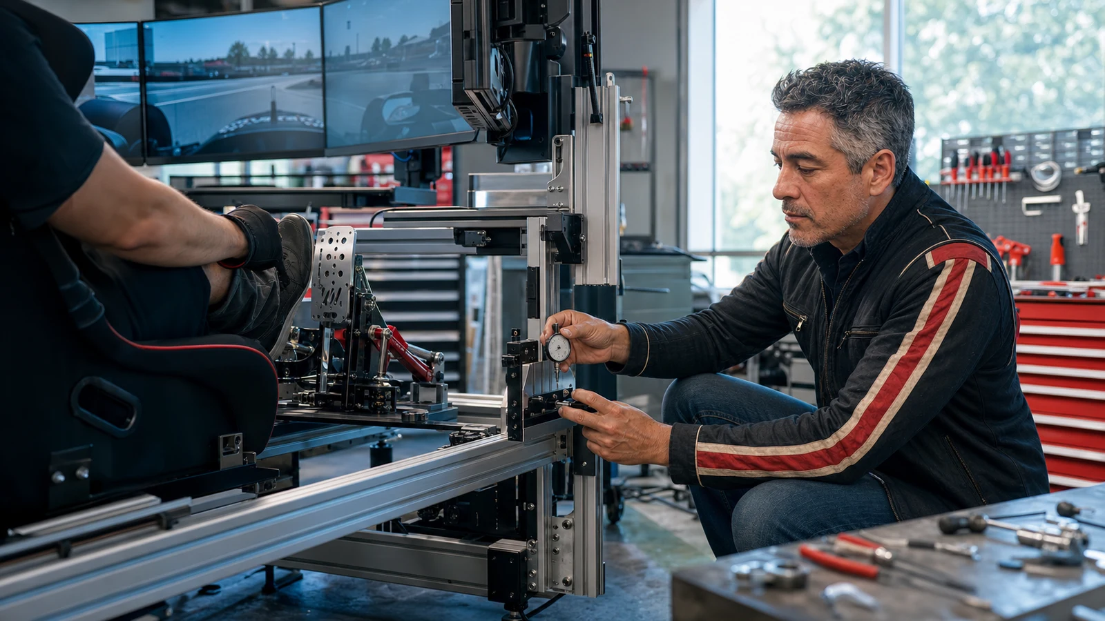 AI-assisted editorial scene of Duke Alvarez measuring flex under real brake load on an aluminum-profile racing cockpit