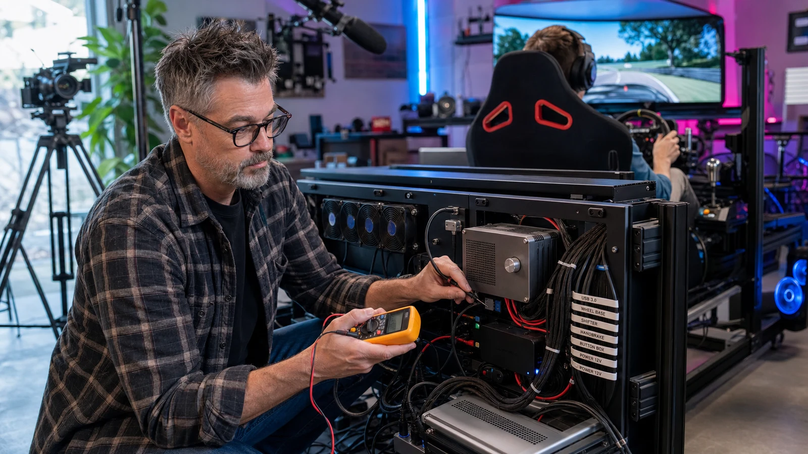 AI editorial scene of Mac Donovan auditing power USB cooling and service access beside a complete creator rig