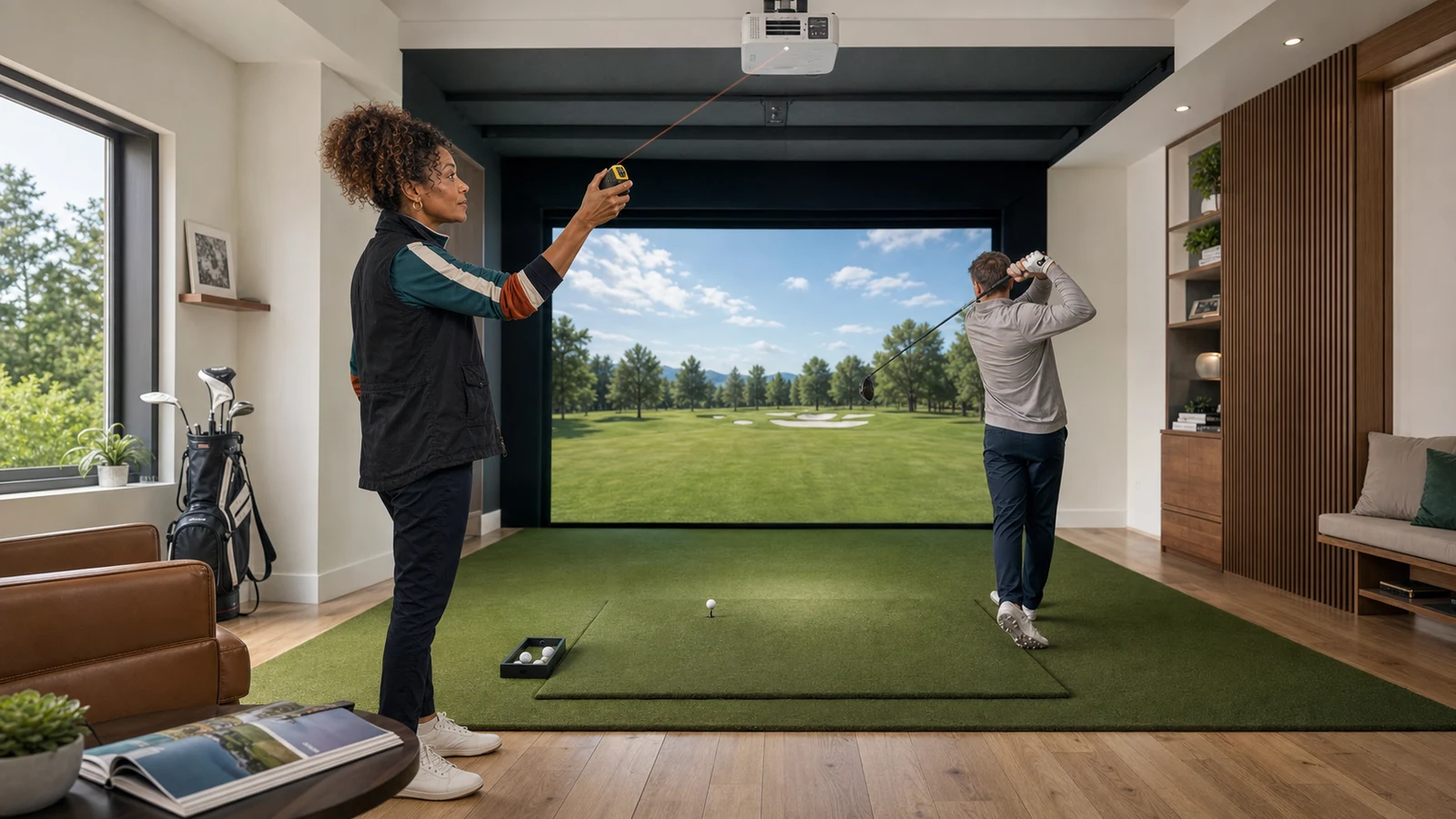 AI-assisted editorial scene of Nina Brooks measuring projector throw swing clearance and launch monitor placement around a moving golfer