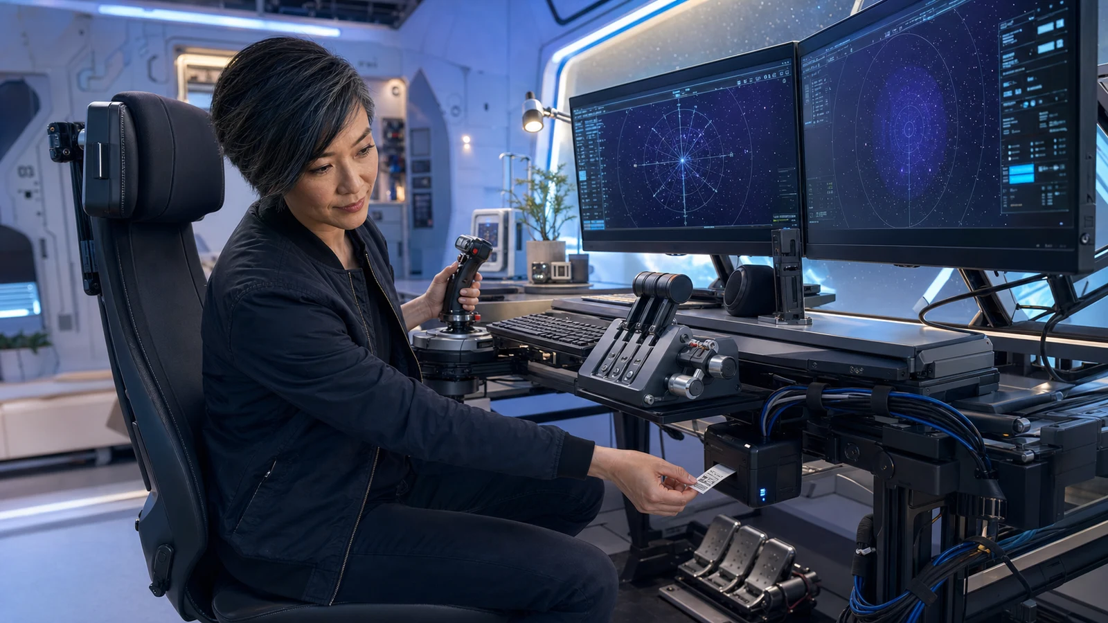 AI-assisted editorial scene of Val Chen flying a dual-stick space simulator while restoring labeled USB devices and a binding profile