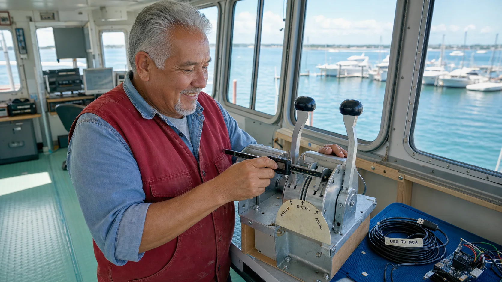 Gus Calder measuring neutral spacing on a twin-engine marine simulator control prototype