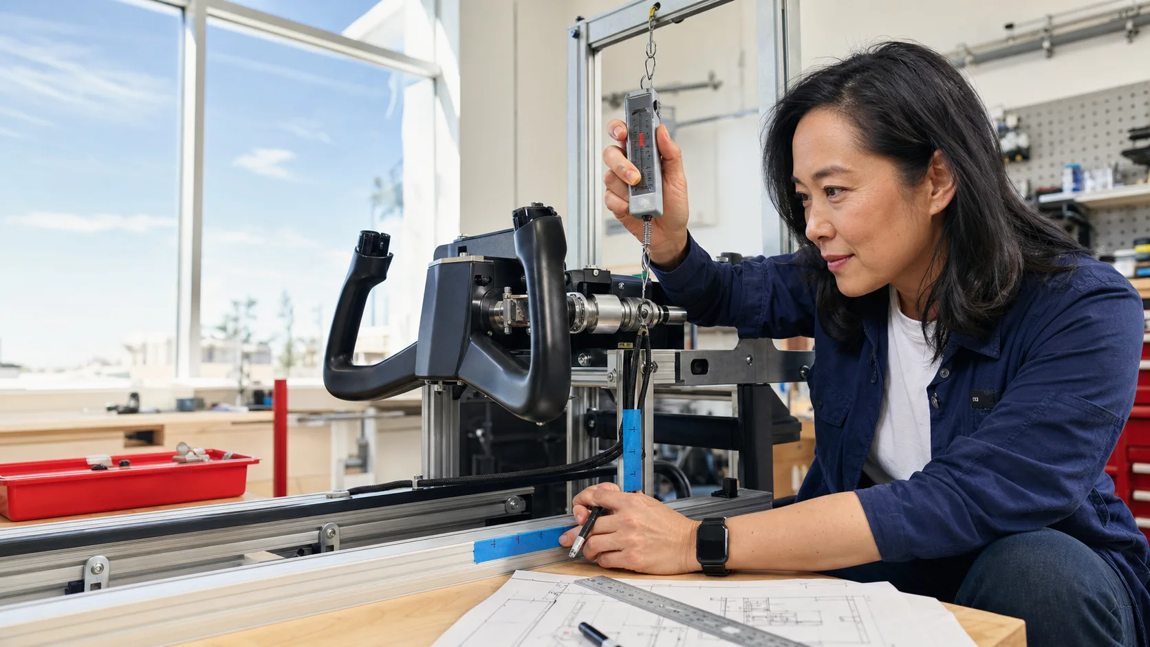 Val Chen measuring the force and travel of a motorized home flight simulator yoke