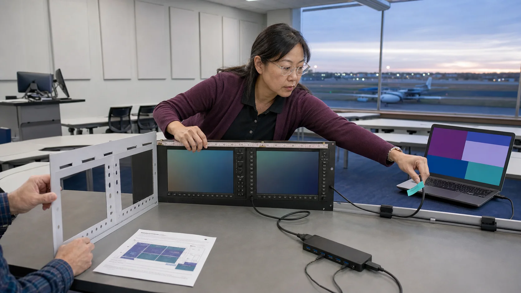 Val Chen measuring two glass-cockpit panels and tracing their USB path in an instrument training classroom