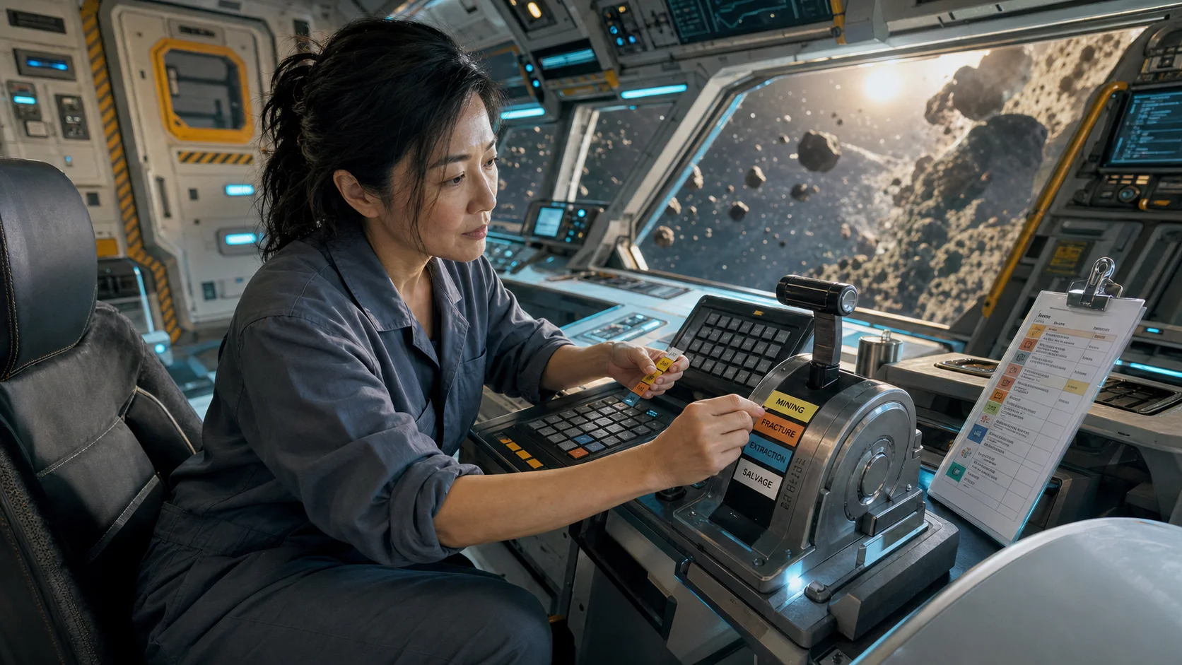 Val Chen mapping mining, fracture, extraction, and salvage controls in an editorial spacecraft operator cabin