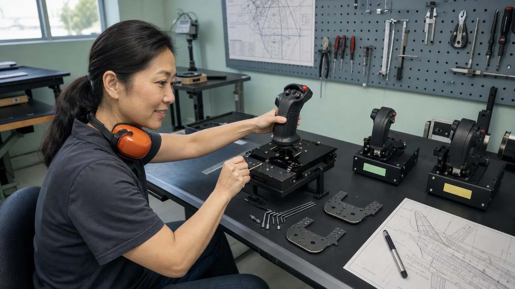 Val Chen fitting throttle detent hardware and checking control reach at an aerospace bench