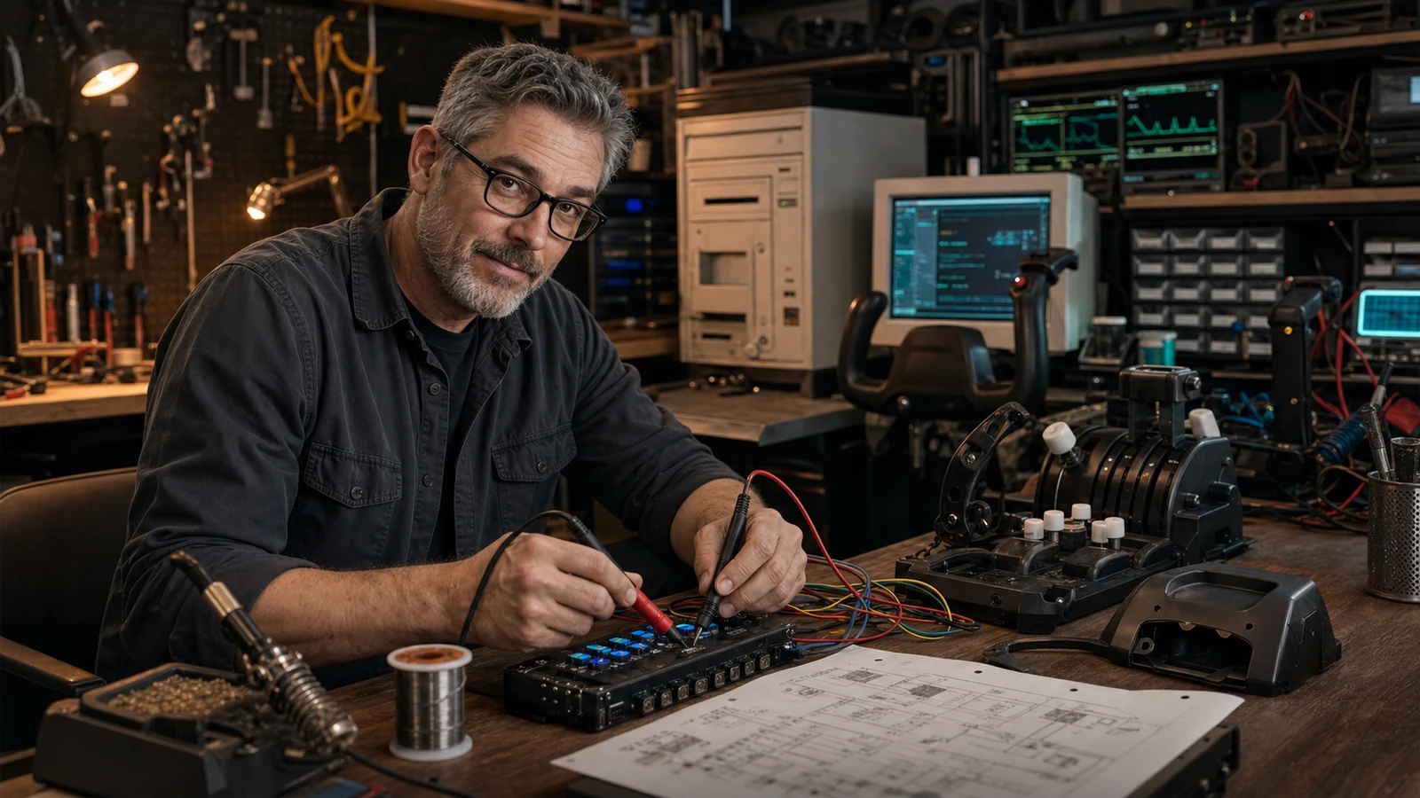 AI editorial scene of Mac Donovan testing a DIY button board at the electronics bench