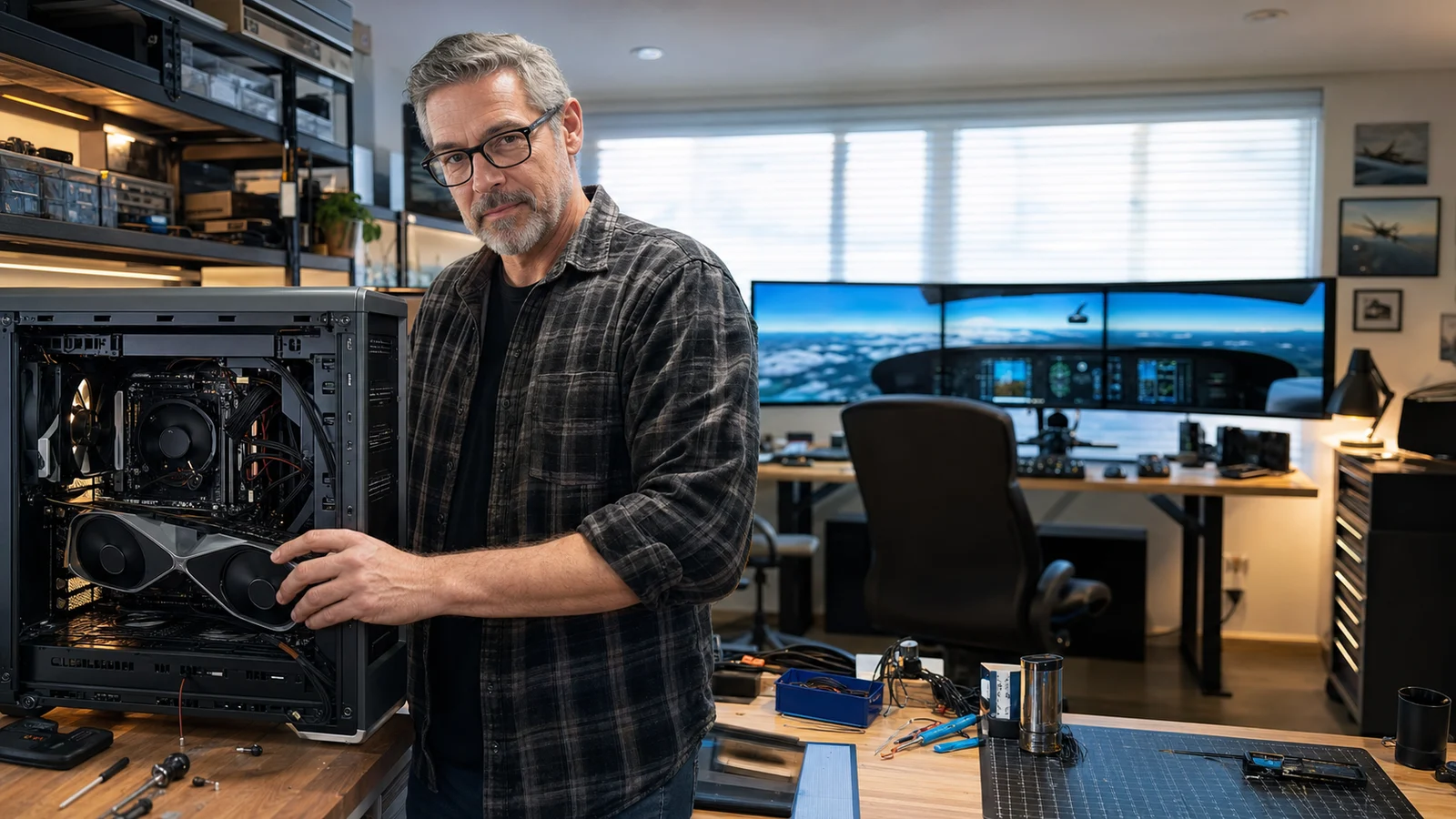 AI-assisted editorial scene of Mac Donovan inspecting a simulation PC and GPU at an electronics workbench