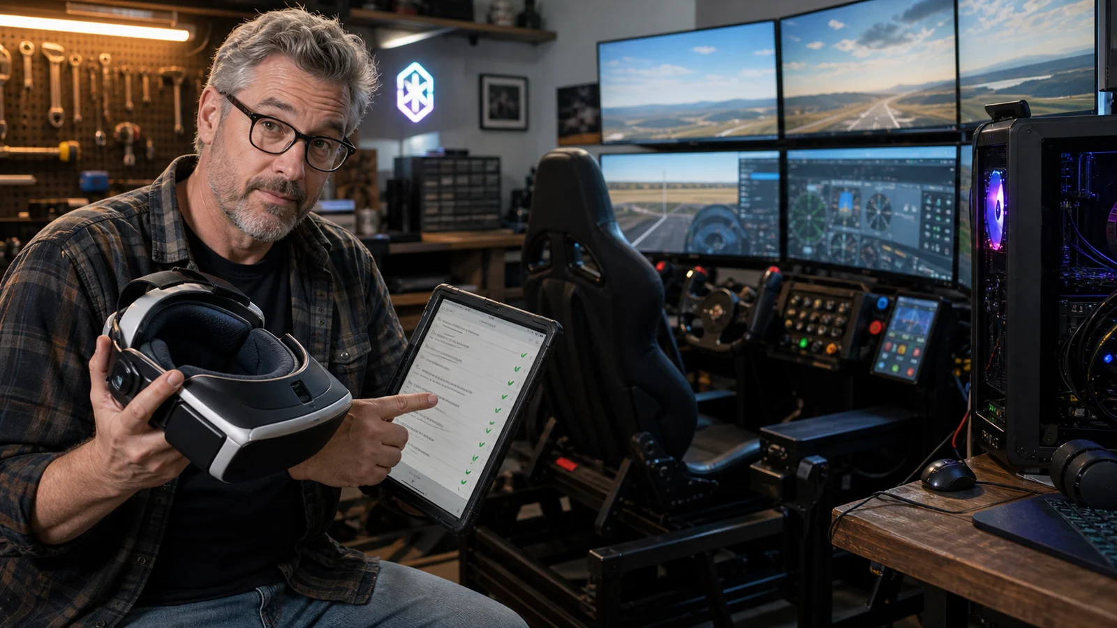 AI-assisted editorial scene of Mac Donovan checking a VR simulator setup list beside a seated simulator user