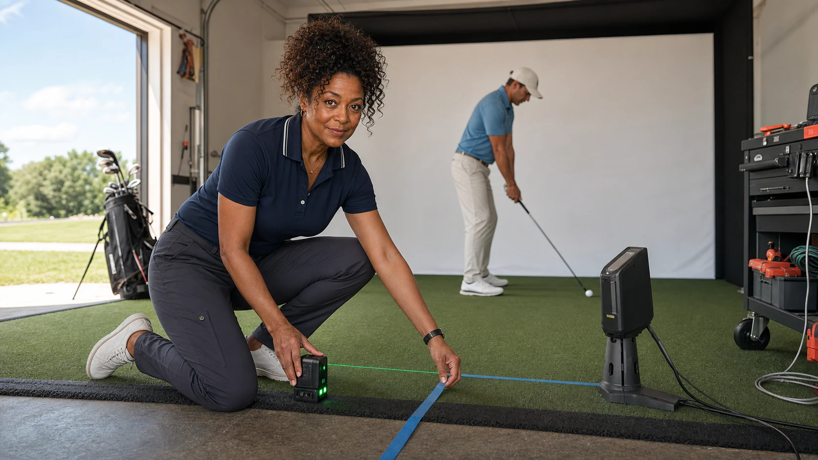 AI editorial scene of Nina Brooks marking a launch monitor hitting zone while a golfer waits at address