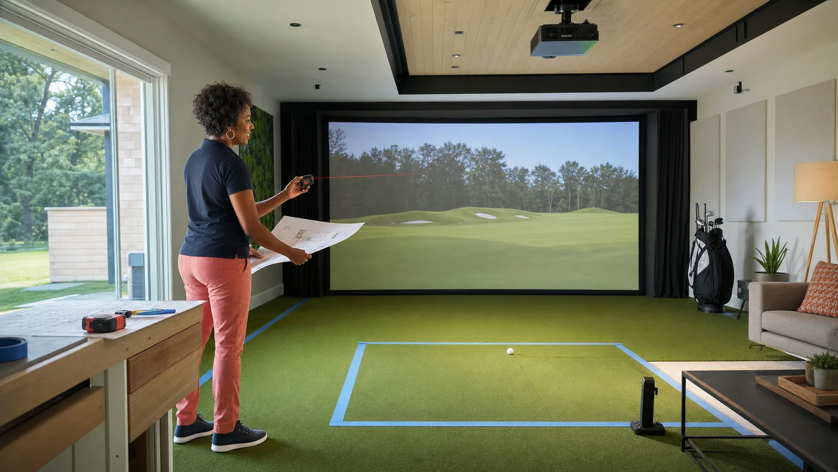 AI editorial scene of Nina Brooks laser-measuring a bright home golf simulator bay