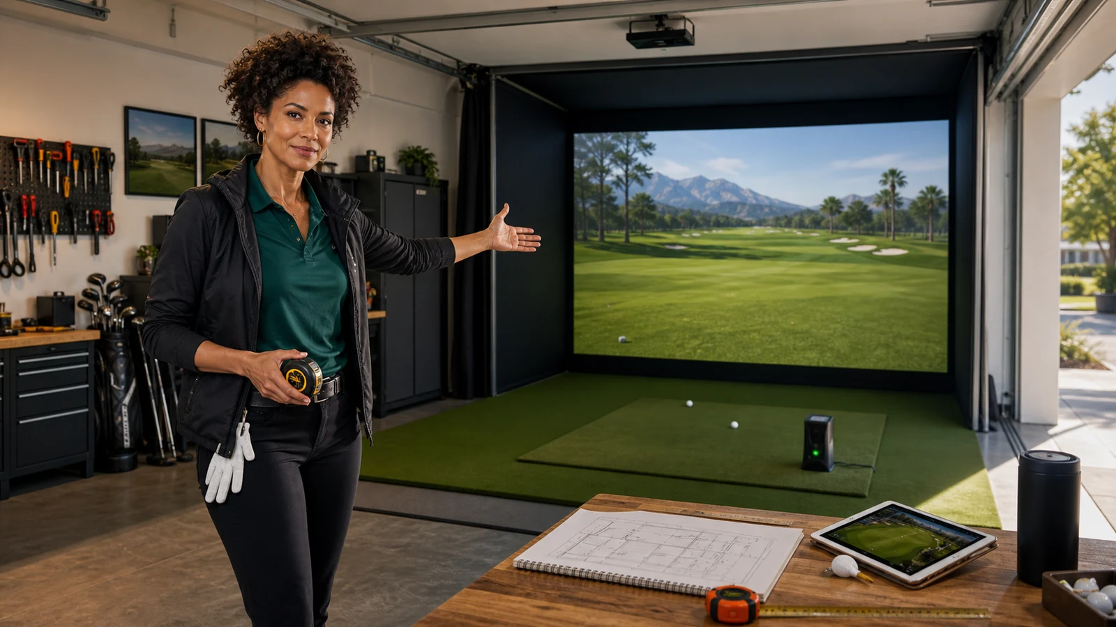 AI editorial scene of Nina Brooks presenting a home golf simulator bay