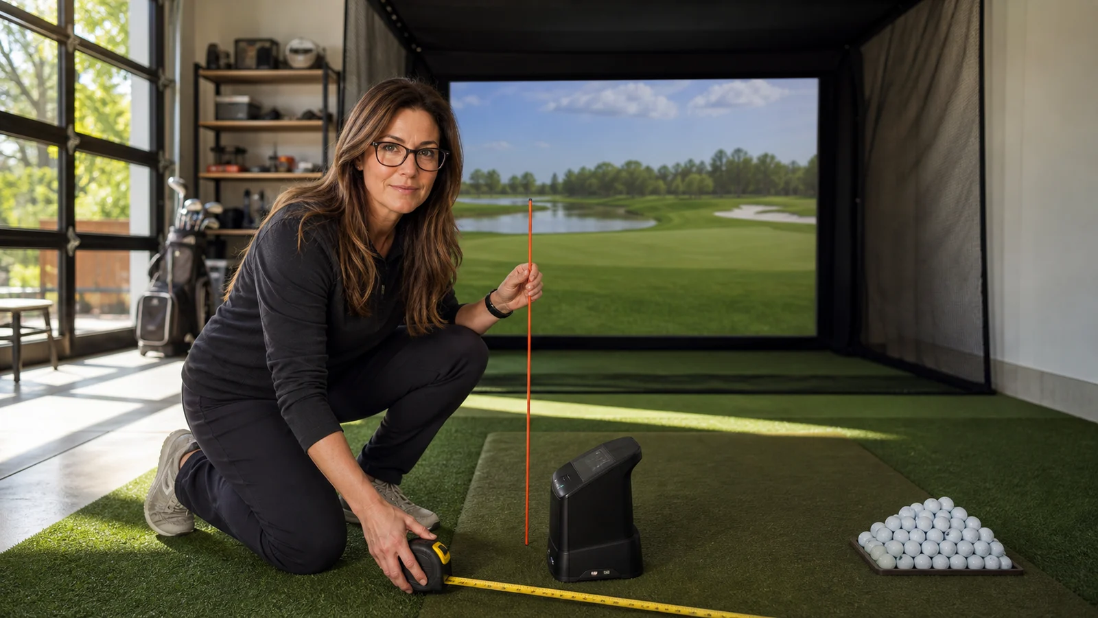 AI editorial scene of Nina Brooks checking hitting width and projector geometry