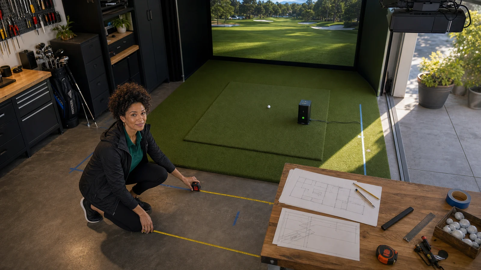 Nina Brooks measuring hitting depth and projector geometry in a garage golf simulator bay