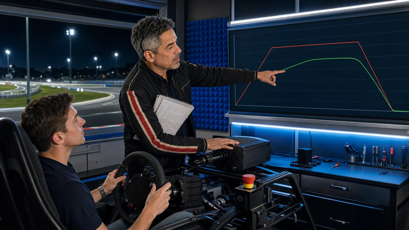 AI-assisted editorial scene of Duke Alvarez comparing a force-feedback clipping trace on a monitor while a driver holds a direct-drive racing wheel through a loaded corner
