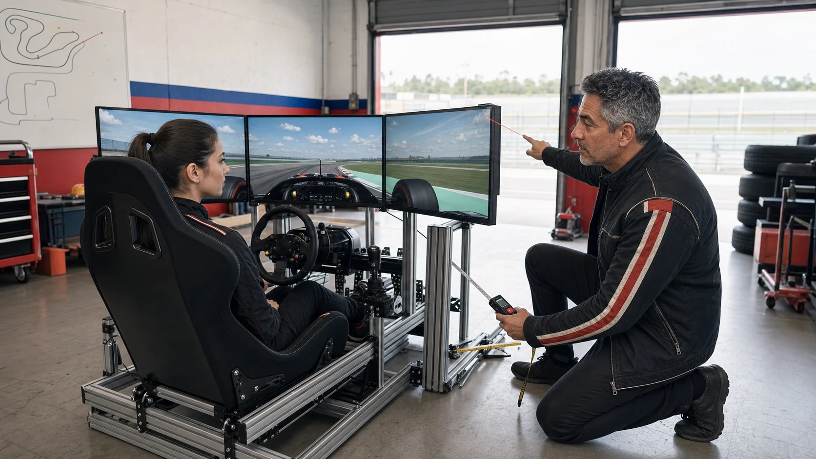 AI-assisted editorial scene of Duke Alvarez using a tape measure and angle gauge to set eye distance, wheel height, and pedal geometry on a racing simulator
