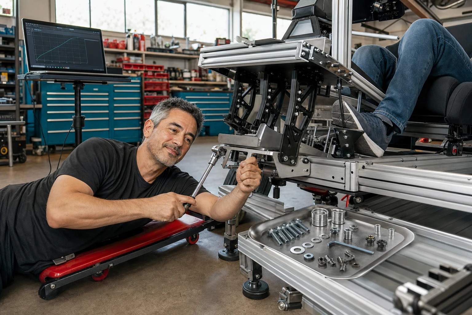 AI editorial scene of Duke Alvarez calibrating a simulator brake while a driver applies pressure from the final seat position