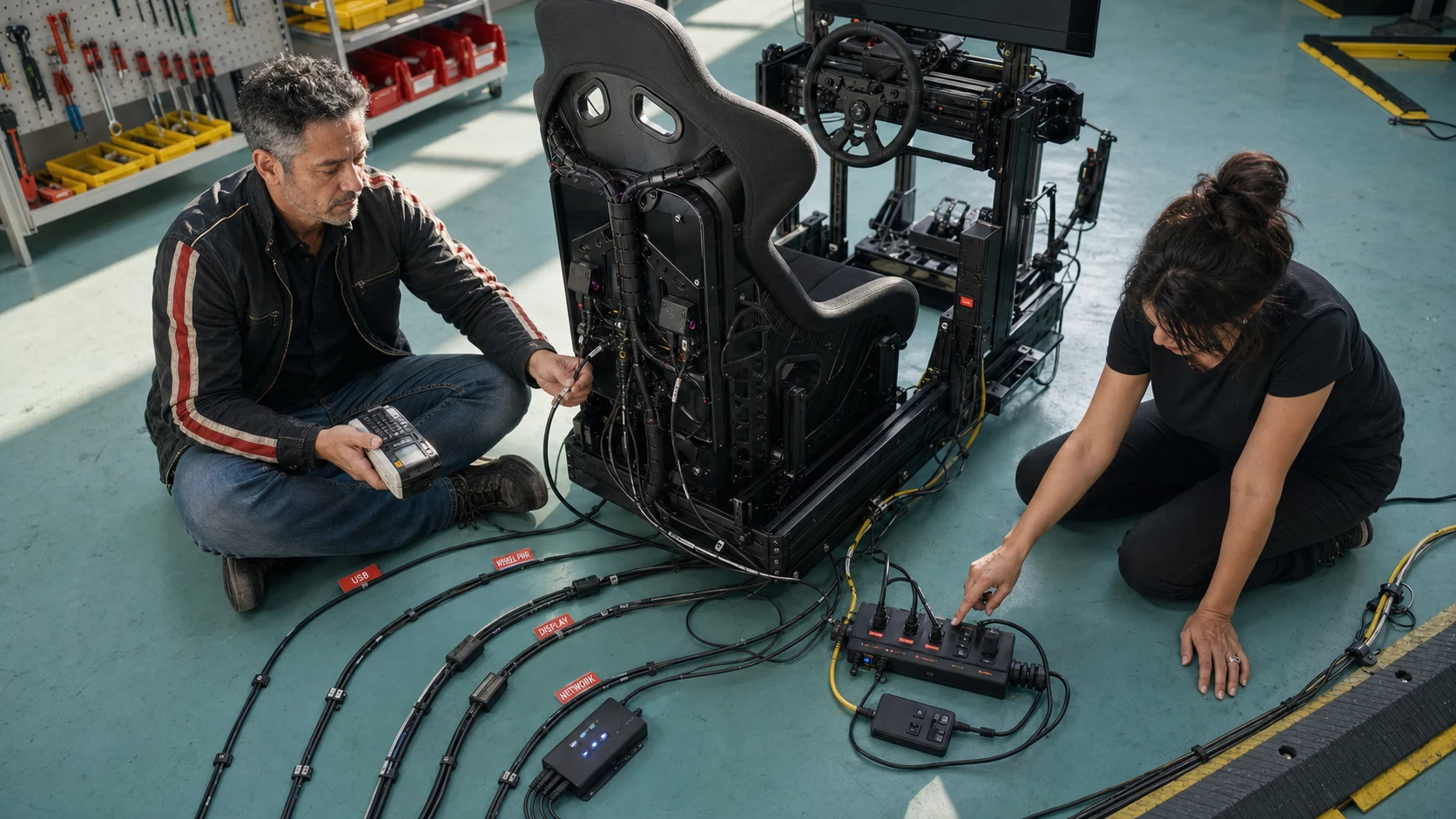 AI-assisted editorial overhead scene of Duke Alvarez labeling simulator USB cables, powered hub ports, and power supplies on a bright workshop bench
