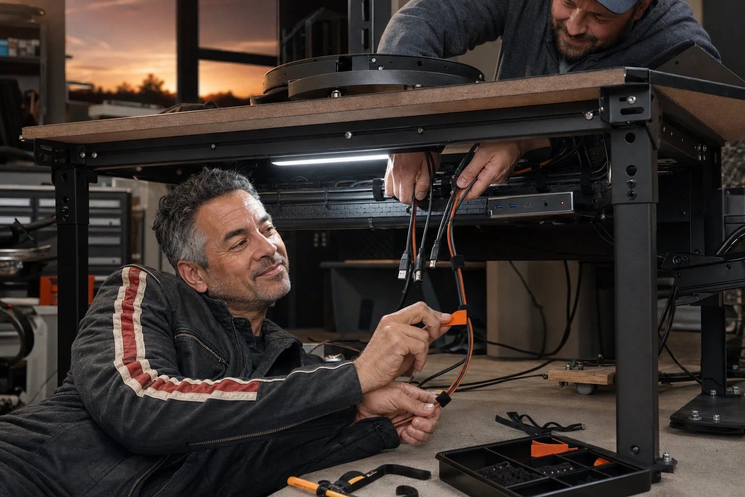AI-assisted editorial scene of Duke Alvarez and a builder installing and labeling truck simulator USB and power cable routing