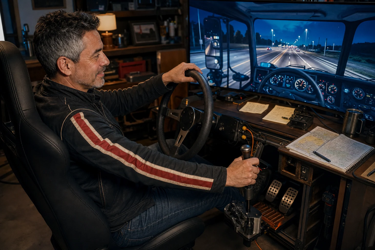 AI-assisted editorial scene of Duke Alvarez driving a generic truck simulator and operating a range splitter shifter