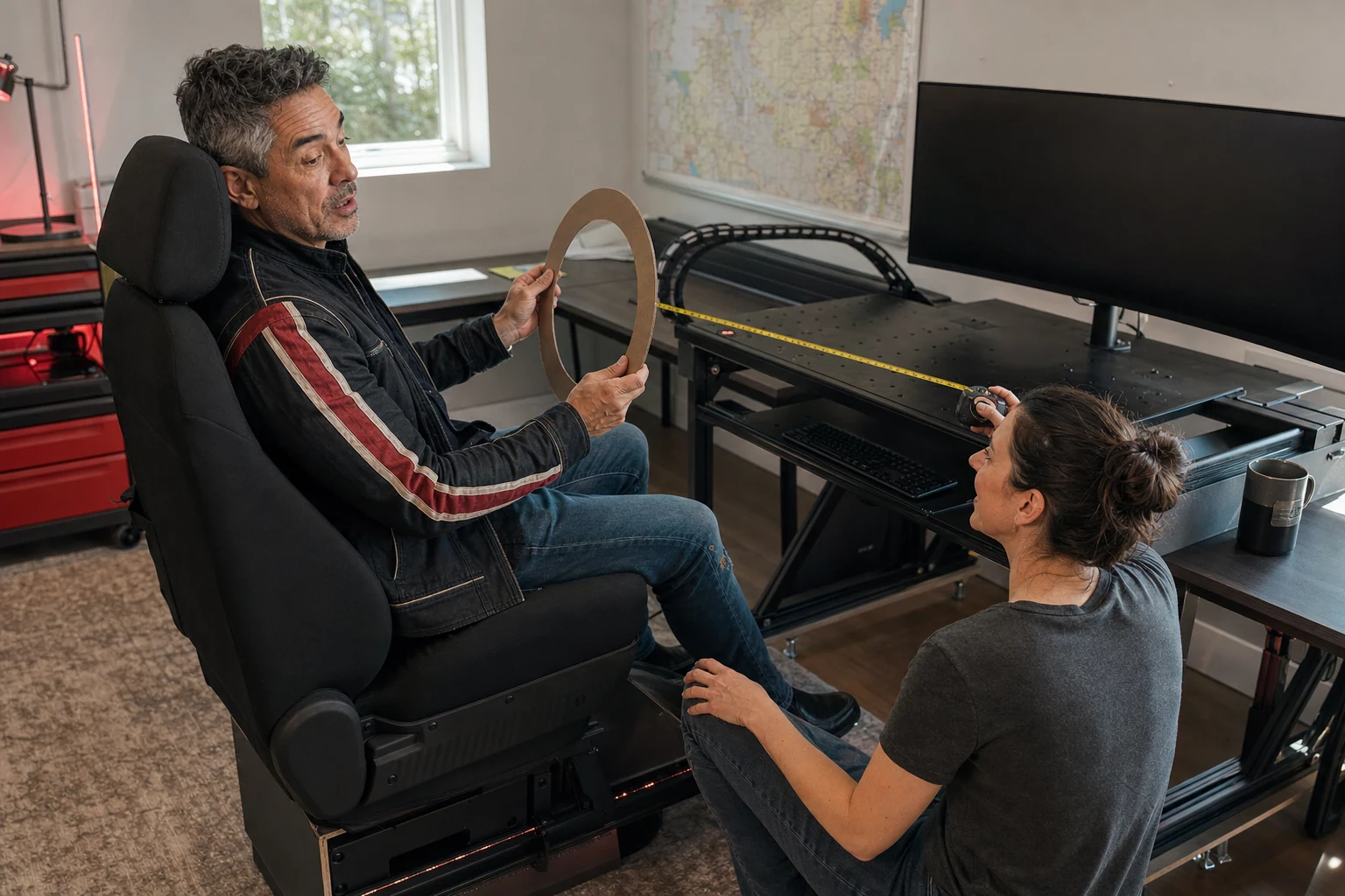 AI-assisted editorial scene of Duke Alvarez and a builder measuring truck simulator seating geometry with a 400 millimeter cardboard wheel template