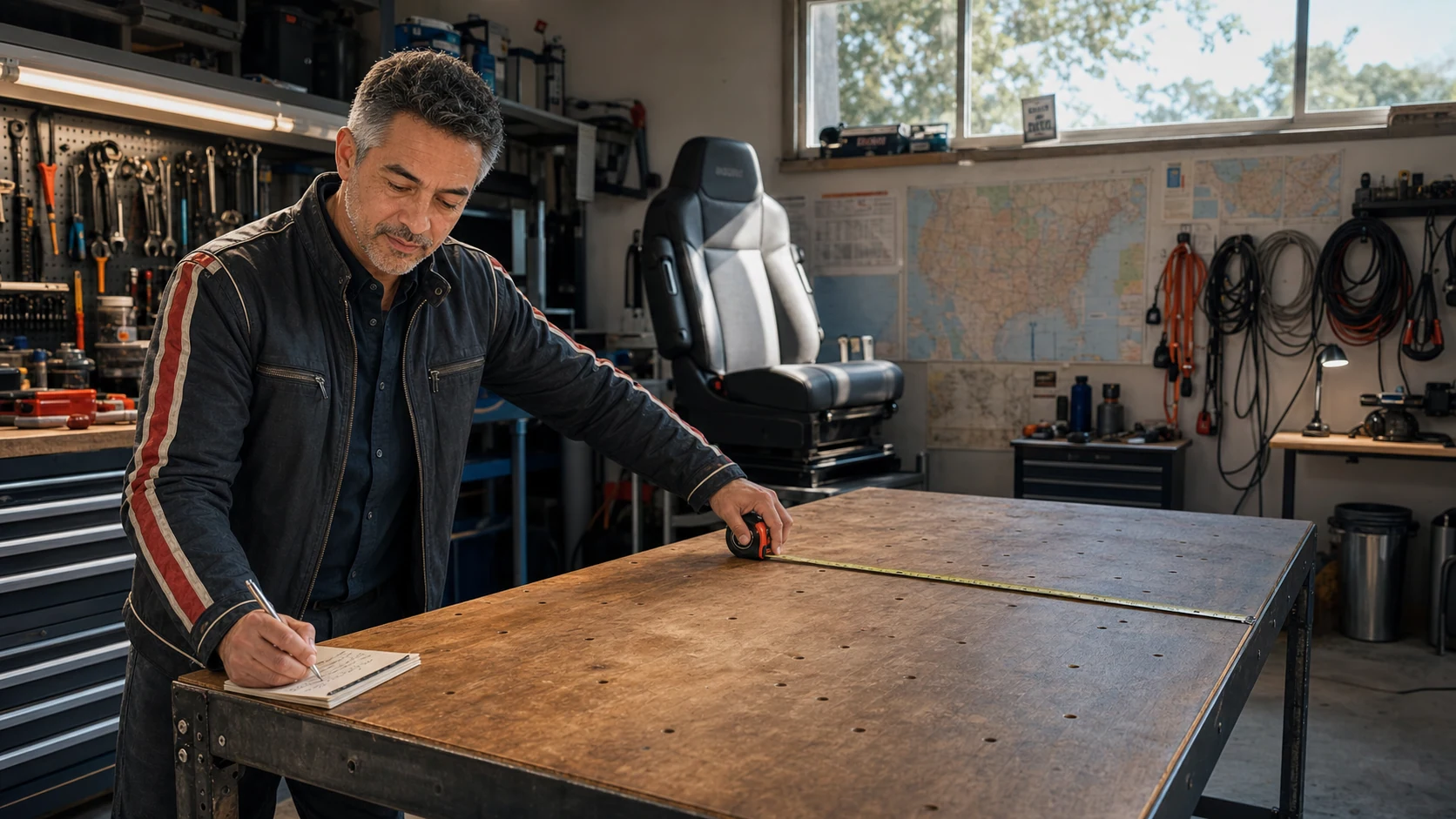 AI-assisted editorial scene of Duke Alvarez measuring a workbench before a truck simulator wheel installation