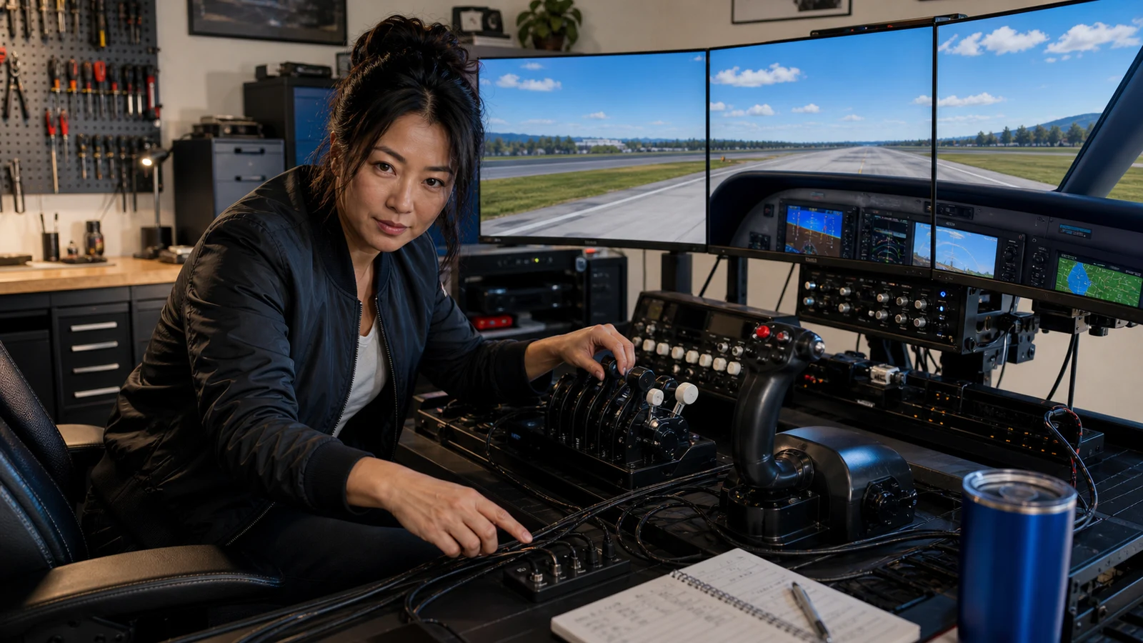 Val checks yoke reach, mount height, and cable service space inside a complete cockpit station.